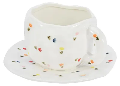 Immagine prodotto di Set di tazze da caffè con piattini, Vetroceramica, rosa, 300 ml, set da 2, con decorazione di tulipani colorati