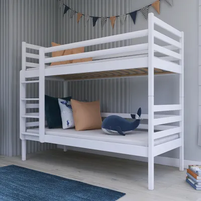 Produktbild von Hochbett 90x200 Etagenbett mit zwei Matratzen, Rausfallschutz und Lattenrost, umbaubar in zwei Kinderbetten, aus Vollholz massiv in weiß, Funktionsbett