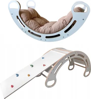 Produktbild von Montessori-Schaukel mit Kissen (in beige)) und Rutsche. Weiß, 85 cm, 5 in 1, 7 in 1