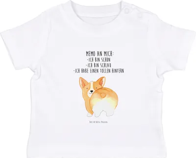 Produktbild von Mr. & Mrs. Panda  T-Shirt Corgi Po 6. - 12. Monat - Weiß - Geschenk, Baby Top, Öko, Corgie, Hund, Kinder Shirt, Positiv, Babyshirt, Spruch, Sprüche, Kleinkind