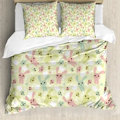 Produktbild von ABAKUHAUS Anime Bettbezug Set, Lustige Häschen-Wolken und Knochen-Muster-Gekritzel Kawaii Illustration, 155 x 220 cm + 80 x 80 cm, Hellgrün Blassrosa
