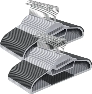 A stack of dark gray and white plastic hangers.