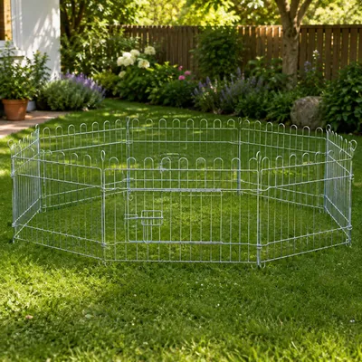 Produktbild von belviona Freigehege, Kleintiergehege für Kaninchen & Meerschweinchen, 8 Gitterelemente mit Schutznetz und Tür, 59x38 cm, KI-generiertes Bild