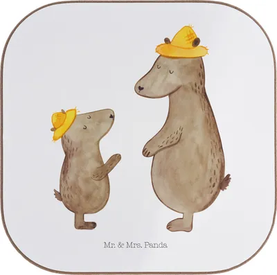 Produktbild von Mr. & Mrs. Panda Tassenuntersetzer Bären mit Hut - Weiß - Geschenk, Coaster, Vatertag, Holzuntersetzer, Untersetzer Gläser, Kinder, gläseruntersetzer, Familie, Muttertag