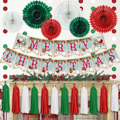 Weihnachtsdeko-Set, 10-teilig, Papierfächer, Girlanden, Banner, Rot-Weiß-Grün