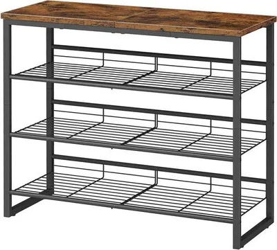 Zdjęcie produktu dla Regał na buty z 4 półkami na 12–16 par butów – regulowane metalowe półki – 75 x 29 x 59 cm – styl industrialny – brązowo-czarny