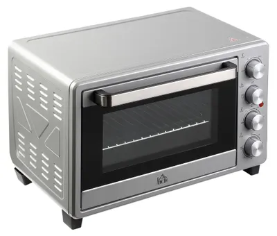 Produktbild von Homcom Minibackofen 32L 1600W Elektrischer Mini Ofen mit Schlackenauffangwanne Metall Edelstahl Glas Silber 52,2 x 38,1 x 33,5 cm, 32 l, Silber, Freistehend, Drehregler, 6 Scheibe(n), 100 - 230 °C