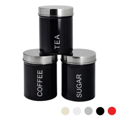 Produktbild von Harbour Housewares 3 Stück Moderne Tee Kaffee Zucker Kanister Set - Stahl Küche Storage Caddy mit Gummidichtung - Schwarz