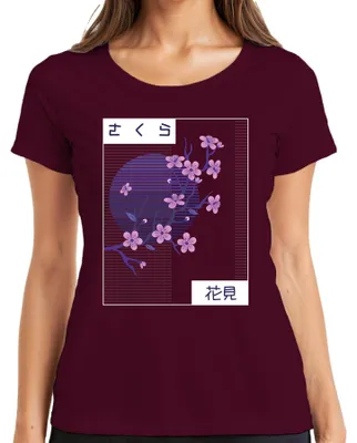 Productafbeelding van Kersenbloesem, Sakura, bloemenpracht, Hanami, Japan, retro, vaporwave, dames T-shirt, bordeauxrood, maat S