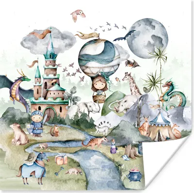 Produktbild von MuchoWow® Poster Kinder - Heißluftballon - Drache - Jungen - Burg - Aquarell 100x100 cm - Babyzimmer
