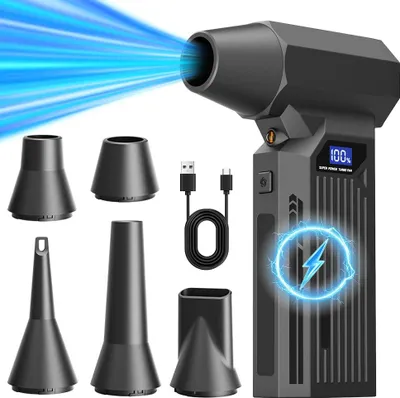 A black portable handheld vacuum cleaner with multiple attachments and a USB charging cable, displayed against a white background.