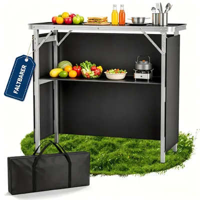 Obrázok produktu pre Prenosný, skladací pult UISEBRT, rozmer 97,5 × 38 × 85 cm, hliníkový výstavný pult s odkladacou plochou, prepravná taška a látka Oxford, predajný pult pre výstavy, trhy a záhradné podujatia
