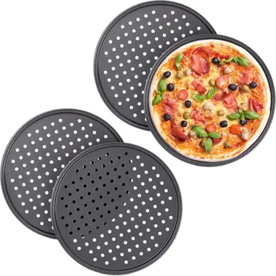 Produktbild von Pizza Backplatte 4 Stück, Geperforiert Mit Antihaftbeschichtung, 32 cm Und 29,5 cm, Für Knusprige Pizza Und Flammkuchen