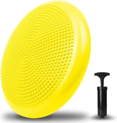 Image de Coussin de fitness jaune avec pompe et picots pour l'entraînement du dos et des muscles abdominaux