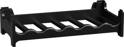 A black plastic wine rack designed to hold six bottles.