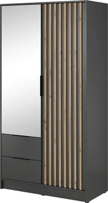 Produktbild von Kleiderschrank Stilo Graphit Grau mit Spiegel & Lamellen – 105 cm, 2 Türen, 2 Schubladen, Loft