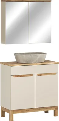 Produktbild von Badmöbel-Set 2-teilig mit 80 cm Waschtisch & Spiegelschrank in kaschmir und Eiche mit Baumkantenoptik, modern grifflos - SOLNA-56-CASHMERE