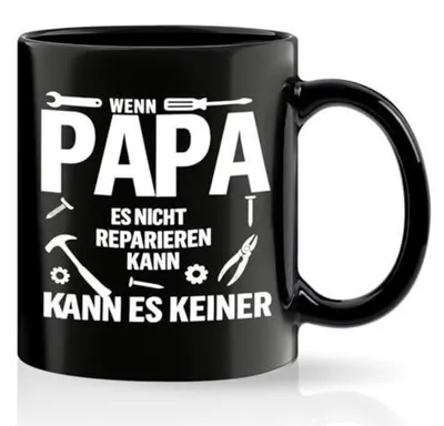 Productafbeelding van Koffiemok met de tekst: "Als papa het niet kan repareren, kan het niemand." 320 ml, zwart, keramiek