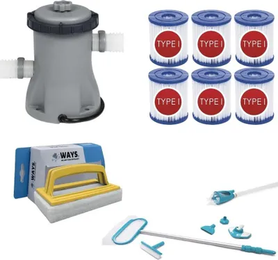 Immagine prodotto di WAYS - Cura della piscina - Set di manutenzione Deluxe & pompa filtro 1249 L/h & 6 filtri tipo I & spazzola WAYS