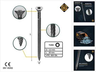 Produktbild von FORTE Tools Universal Holzschraube 3,5 x 20 mm T15 800 Stk. ( 4x 000040113861 ) silber verzinkt Torx Senkkopf Vollgewinde