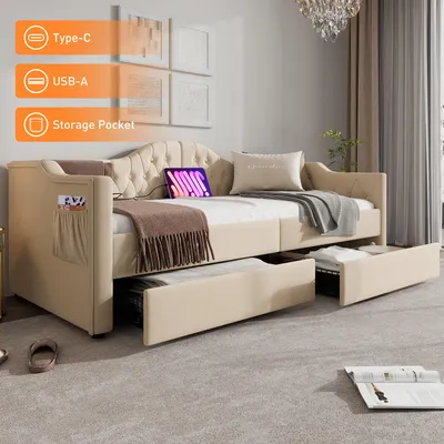 Produktbild von Polsterbett 90x200 cm Tagesbett mit Kopfteil Stauraum & USB Typ-C Ladefunktion Polster-Bettgestell Samt Geräuschlos mit 2 Schubladen Beige