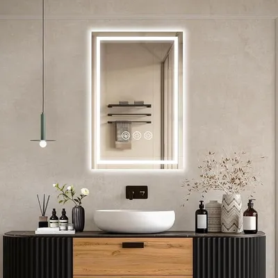 Imagen del producto de Espejo de baño con iluminación LED, 40x60 cm, con luz integrada, espejo de pared con iluminación frontal, función antiniebla, regulable en intensidad, con 3 colores de luz ajustables