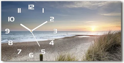 Produktbild von Wanduhr aus Glas – 60x30 cm - Glasbild - Glasuhr - Gehärtetes Glas - weisse-zeiger - Sonnenuntergang und Dünen