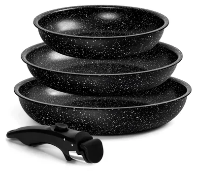 Produktbild von 4-teiliges Pfannenset (20/24/28 cm Bratpfanne) mit abnehmbarem Griff und induktionsgeeignet, Marmor Antihaftbeschichtung, ofenfest bis 240°C, Schwarz