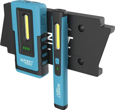 Two blue and black LED inspection lights are mounted on a black magnetic holder.