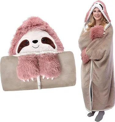 Obrázek produktu pro ASKSA útulná deka lenochod pro ženy pohovka deka nadýchaná deka s čepicí a rukavicemi, růžová, 147 x 119 cm