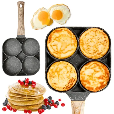 A collage showing a multi-cup frying pan, cooked pancakes, fried eggs, and a stack of pancakes with berries.