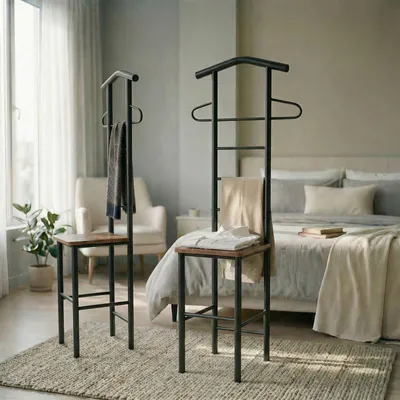 Produktbild von Herrendiener JIVO 2er-Set Stummer Diener Kleiderständer, Metallgestell schwarz und Ablage in Vintage, Garderobe mit Hosenbügel