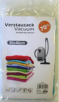 The image shows the packaging of a vacuum storage bag for clothes, with a stack of folded clothes and a vacuum cleaner illustration.