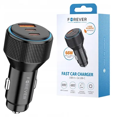 Produktbild von Forever CC-07 Autoladegerät 66 W 2x USB C 1x USB A PD QC schwarz