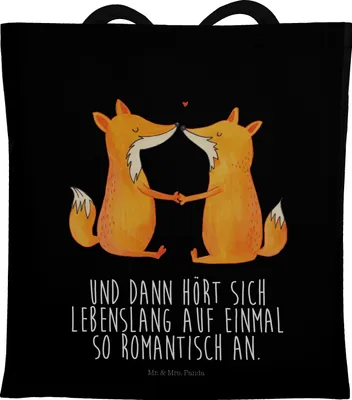 Produktbild von Mr. & Mrs. Panda Tote Bag Füchse Liebe - Schwarz - Geschenk, Fuchs, Uni Tasche, Laptoptasche, Fox, Einkaufstasche, Stoffbeutel, Freund, Freundin