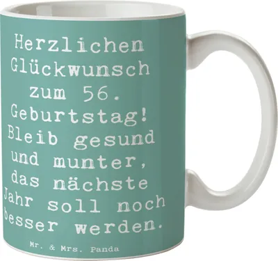 Produktbild von Mr. & Mrs. Panda Kaffeebecher Spruch 56. Geburtstag Freude - Meeresbrise - Geschenk, Tasse, Kaffeetasse, Geburtstagsgeschenk, Handarbeit, schöne, Liebe, besonderer Anlass