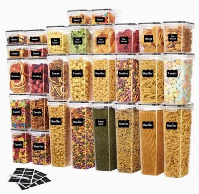 Obrázek produktu pro Sada vzduchotěsných nádob na potraviny s těsněním – 60dílný kuchyňský úložný systém – Obsahuje 30 nádob + 30 těsnění – S etiketami a fixou – Ideální na rýži, těstoviny, obiloviny, ořechy a kávová zrna