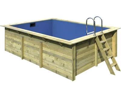 Zdjęcie produktu dla Zestaw basenowy drewniany Karibu, rozmiar 2, prostokątny, 350 x 440 x 124 cm, w zestawie: mata ochronna podłoża, wykładzina wewnętrzna z lamówką klinową oraz drabinka