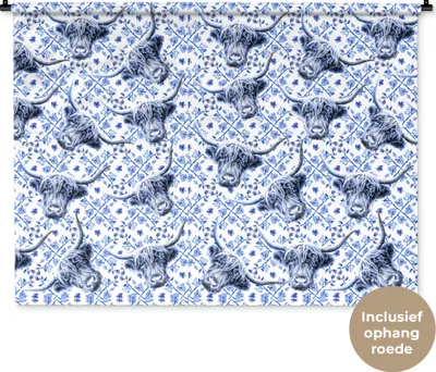 Produktbild von MuchoWow® Wandteppich Wandbehang Delfter Blau - Schottisches Hochlandrind - Tiere 120x90 cm Tapisserie Dekoration Wandtuch - Wohnen - Aufhänger für die Wand