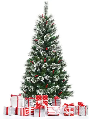 Produktbild von künstlicher Weihnachtsbaum schneebedeckt, Tannenbaum in Kiefernoptik mit roten Beeren, Christbaum mit Metallfuß, 100% neues PVC, Dekobaum für Weihnachtsdekoration (150CM)