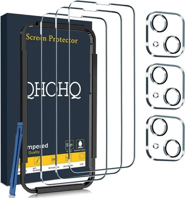 Image de lot de 3 verres de protection blindés QHOHQ pour iPhone 14 13, couverture de caméra, film blindé de dureté 9H, protection d'écran HD, anti-rayures, sans bulles d'air