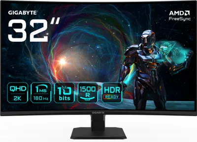 A marketing image for a GIGABYTE 32-inch curved gaming monitor, showcasing its features against a colorful, abstract background with a futuristic warrior figure.