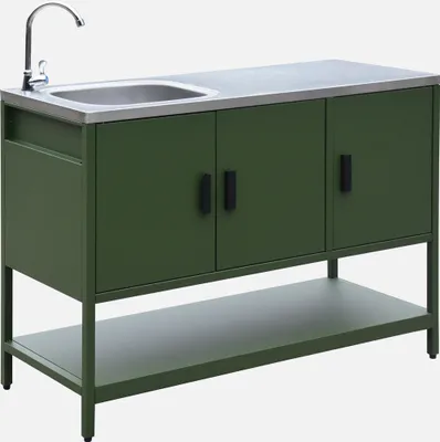 An outdoor kitchen unit with a sink and cabinets.