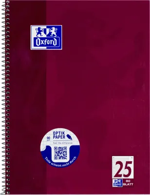 A close-up, front-facing view of a spiral-bound notebook with a dark red cover.