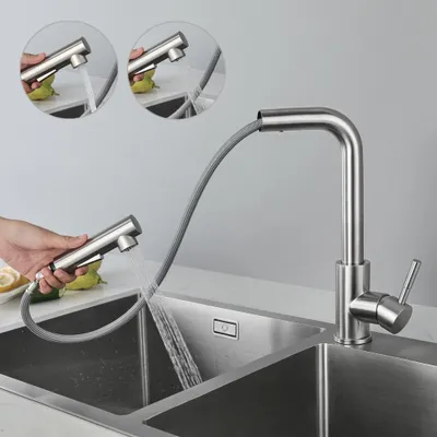 A kitchen faucet with a pull-out spray head is shown in use over a double sink. Inset circles show close-ups of the spray head in action.