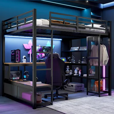 Produktbild von Metall-Hochbett 140x200, Stauraum, offener Kleiderschrank, USB, LED (Weiß)