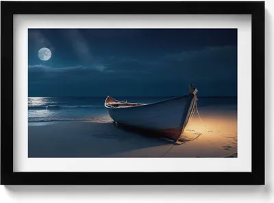 Produktbild von Boot auf der Strandbirke bei Nacht– Wandbild mit Rahmen – Gerahmtes Bild  – Wanddekoration – 30x20 cm –  Schwarz Rahmen