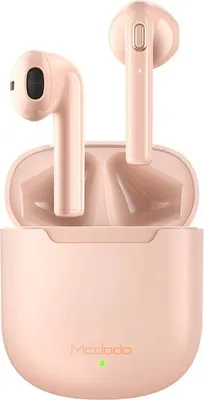 A pair of pink wireless earbuds and their charging case are displayed against a white background.
