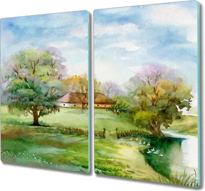 Produktbild von Coloray Herdabdeckplatte 2x30x52 cm Schneidebrett Kochplattenabdeckung Küchenbrett Hackbrett - Das Dorf Baum Himmel