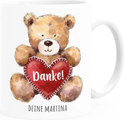 Produktbild von Kaffee-Tasse Geschenk Teddy Motiv optional personalisierbar Danke sagen Trost spenden Mut machen SpecialMe® Danke! weiß Keramik-Tasse